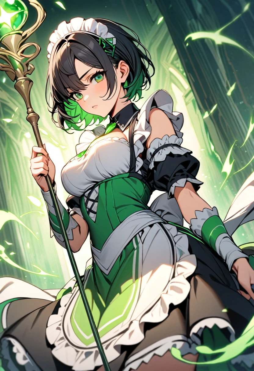 Beautiful, big breasted, single, 1 girl, short hair, black hair, green eyes, maid outfit, black, white and green tones. Huge power swirled like green wood and healing light mixed together. Hand holding a scepter, the magic power resided in the scepter.