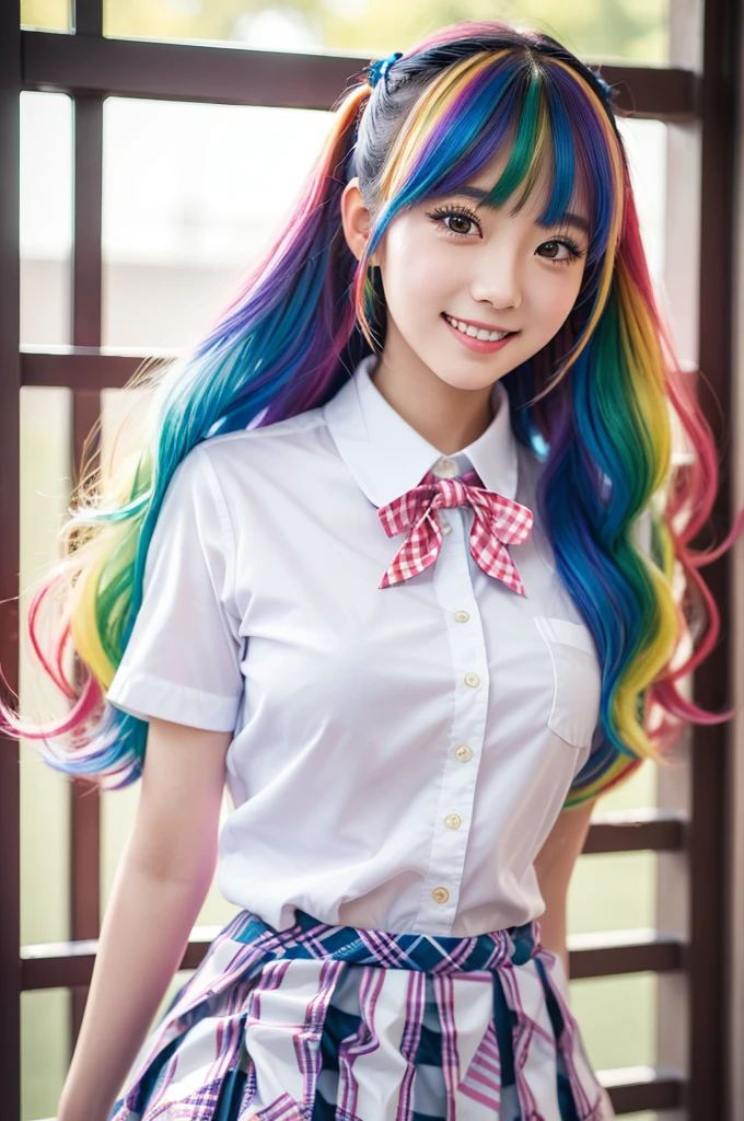 1girl, masterpiece, japanaese girl, absurderes, hight resolution, ultra-detailliert, ((gingham check skirt:1.4)), depth of fields, masterpiece, pony tail, ((happy smile)), extremely detailed CG, 3D Photography, 3D background, Unity, 8K, Hi-Res, top-quality, shadowy, sharp focus, (super long hair:1.2), (school uniform:1.3), (bright rainbow colored hair:1.2), blush, A detailed eye, blurry backround, dynamic angle, closed mouth, Look at viewers, superclear, curvaceous girl,