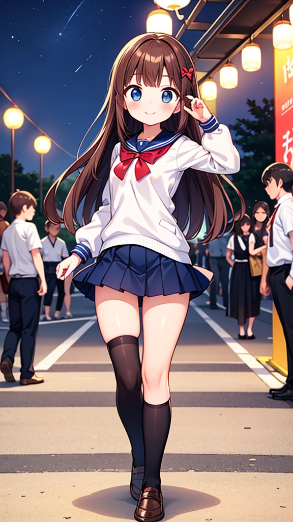 {Highest quality], [Super beautiful], [Ultra fine], [Best illustration], NSFW, Brown Hair, Hime cut, Long Hair, With bangs, girl, Uniform cap, Security uniform, smile, blush, Slender women, Short sleeve, Long straight skirt, Adult women, walk, (Public) Night Park, Summer festival, diagonal, Bare feet and pumps, Plain black pumps, stockings
