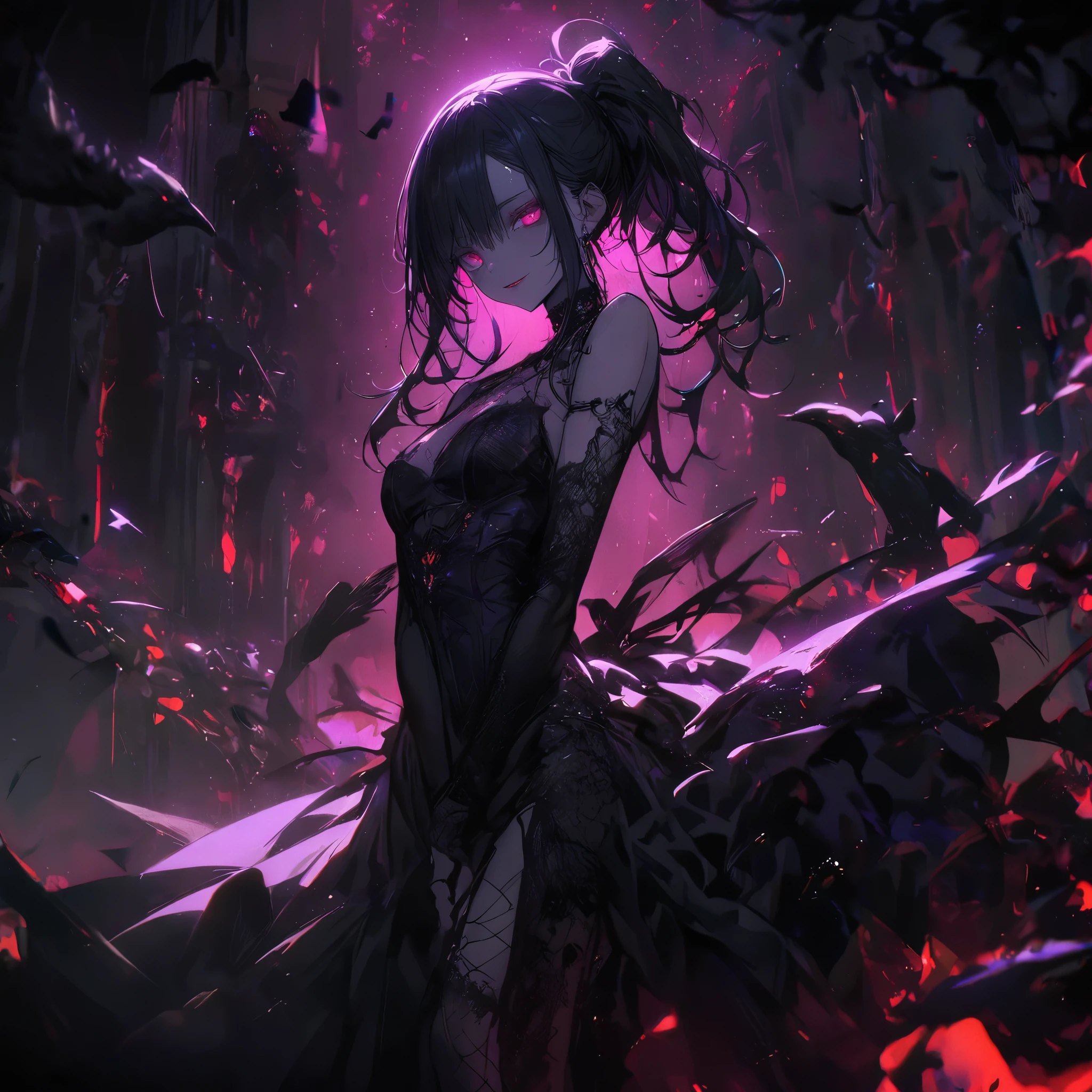 (dark atmosphere,gothic fashion,bright colors),(best quality,Super exquisite,),Sexy goth Vampire girl,In the rose garden at night,Beautiful and delicate eyes,Straight black ponytail with blue tips,Crow feathers,red lipstick,mysterious smile,Pale complexion,fishnet stockings,black lace dress,Pointed-toe bootysterious aura,The moonlight illuminates her elegant silhouette,Soft shadows and soft highlights,Contrasting colors create a vibrant atmosphere,dark and moody color palette,Subtle yet dramatic lighting effects,Sublime darkness intertwined with exquisite moonlight, She's tall and mature