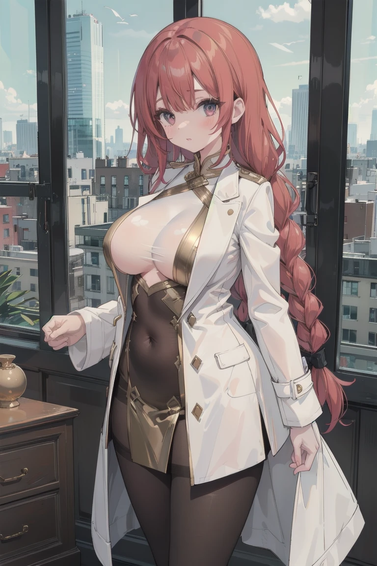 girl, White blouse, mini skirt, Black Pantyhose, white overcoat, Are standing, Glamorous clothing, Complex clothing,, A familiar face, Brown and gold tones, In a luxurious room, window, tall building, Day、Braided Hair、I-cup breasts、Protruding chest、Protruding buttocks、Red color hair