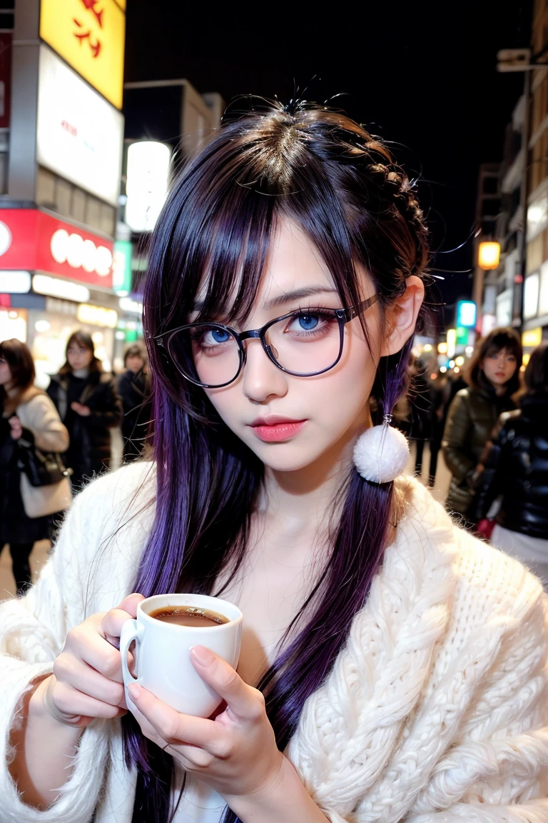 1 girl, purple hair, beautiful hair, blue eyes, make up, perfect face, perfect body, winter, tokyo, night, coffee, glasses, wolfcut hairstyle