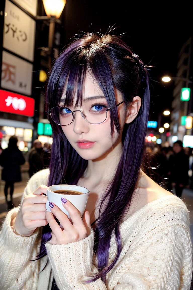 1 girl, purple hair, beautiful hair, blue eyes, make up, perfect face, perfect body, winter, tokyo, night, coffee, glasses, wolfcut hairstyle