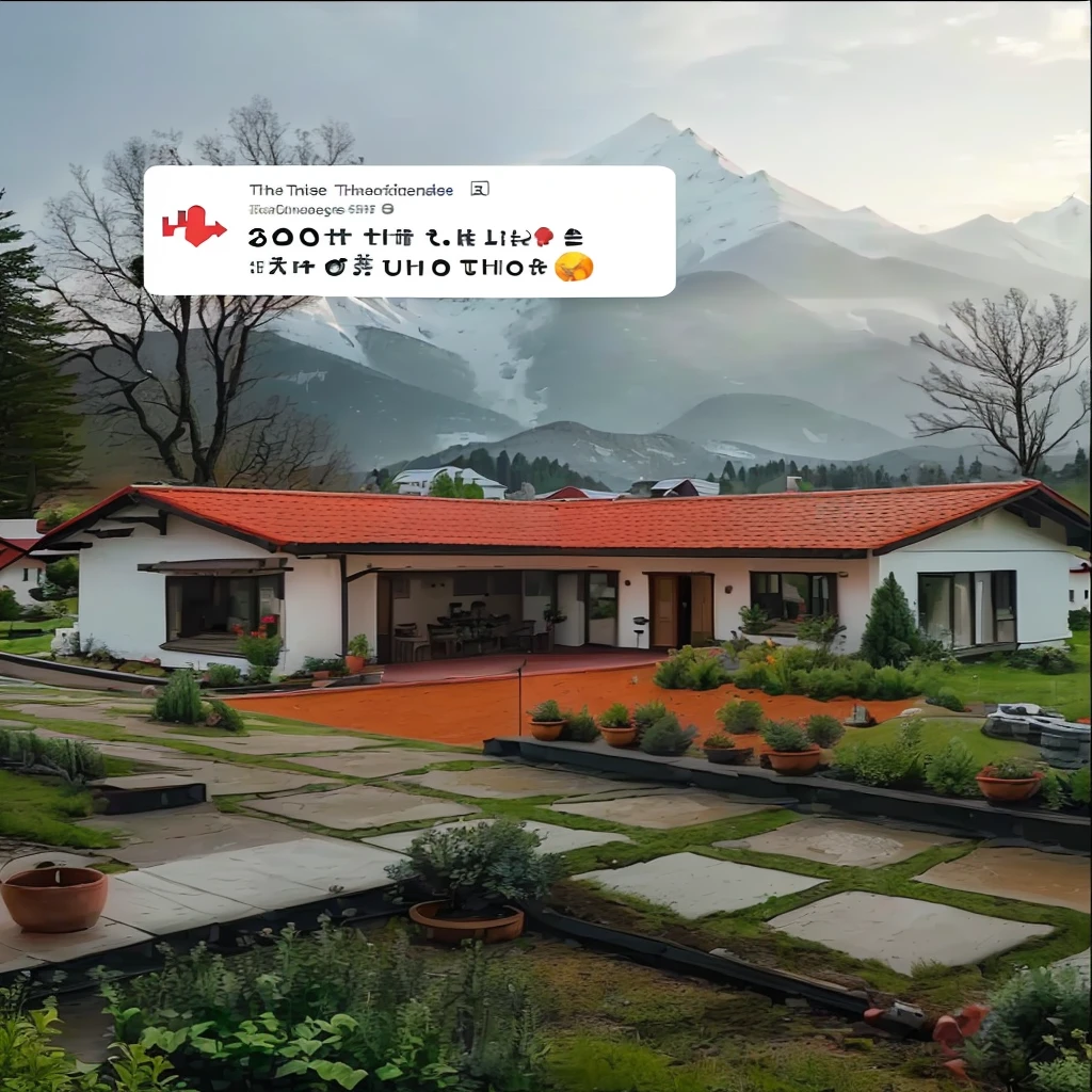 there is a small white house with a red roof and a red tiled roof, beatiful house, with mountains as background, 🌻🎹🎼, integrated in the mountains, with mountains in the background, cottagecore!!, snapchat photo, 8k)), instagram story, 😭 🤮 💕 🎀, professional unique masterpiece, smooth in _ the background