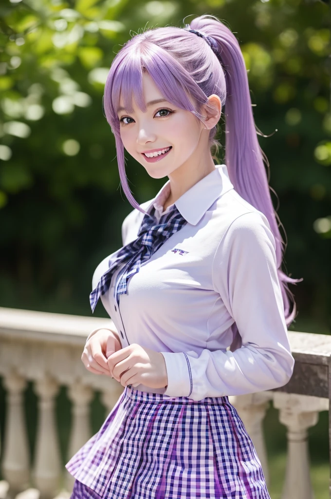 masterpiece, (school uniform:1.3), japanaese girl, absurderes, hight resolution, ultra-detailliert, ((gingham check skirt:1.4)), depth of fields, masterpiece, extremely detailed CG, 3D Photography, 3D background, Unity, 8K, Hi-Res, top-quality, shadowy, sharp focus, medium breast, (long hair), (pony tail), (pale purple hair:1.3), pale-skinned, (Patsun:1.4), A detailed eye, blurry backround, dynamic angle, (happy smile:1.5), Look at viewers, superclear, curvaceous girl, blue eyes,