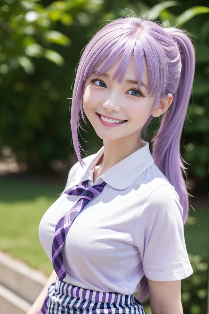 masterpiece, (school uniform:1.3), japanaese girl, absurderes, hight resolution, ultra-detailliert, ((gingham check skirt:1.4)), depth of fields, masterpiece, extremely detailed CG, 3D Photography, 3D background, Unity, 8K, Hi-Res, top-quality, shadowy, sharp focus, medium breast, (long hair), (pony tail), (pale purple hair:1.3), pale-skinned, (Patsun:1.4), A detailed eye, blurry backround, dynamic angle, (happy smile:1.5), Look at viewers, superclear, curvaceous girl, blue eyes,