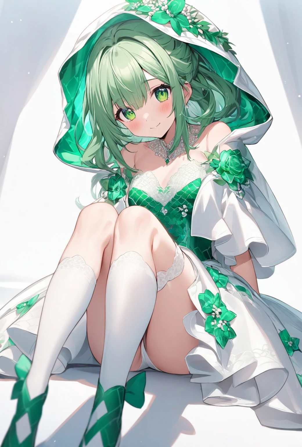 ((Highest quality)), ((masterpiece)), ((Very detailed)), (Very cute),A cool-looking woman with gentle black hair and a height of about 165cm.，A woman with a cute smile wearing an emerald green wedding dress with a cute pattern and a hood that shows off her shoulders, alone, Cute attitude,(background(bright)，Long Hair - Straight，Knee-high socks、A cute patterned emerald green wedding dress with a white off-the-shoulder hood，White wall、Sitting、Facing the viewer、