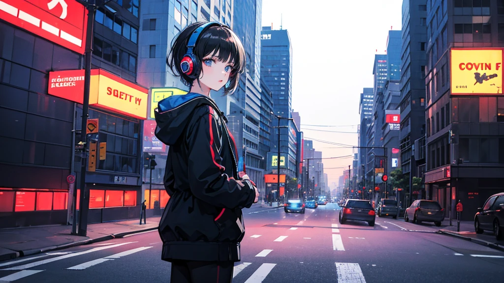 Black short Hair, black jacket, One Woman ,Blue headphones、 City of night, Delicate background、Masterpiece