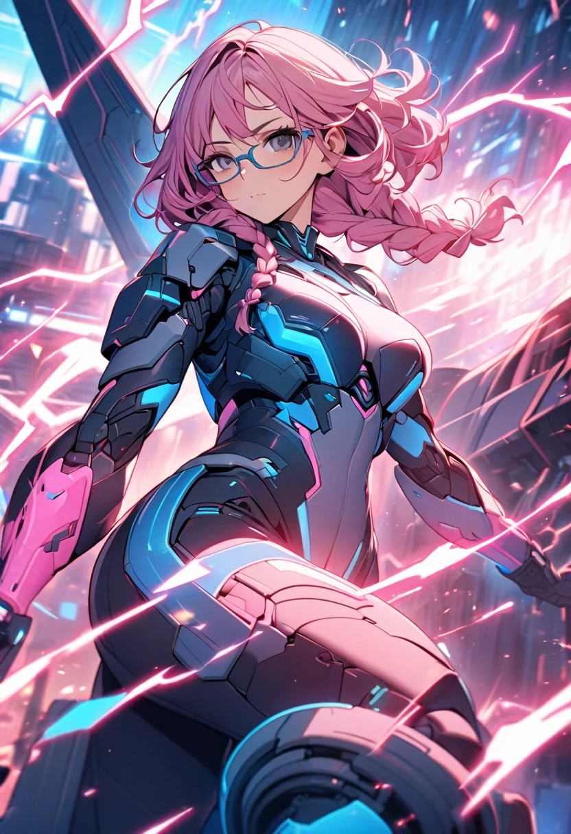 Beautiful, curly butt, single, 1 girl with glasses, 2 braids, pink hair, black eyes, mixed with sci-fi, neon pink and blue tones. Massive power swirled like a composition of lightning, pink light, and sparks. In the background, there was a neon-lit robot. The background image is a large robot, clearly visible.