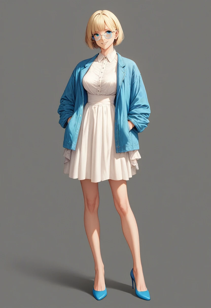 beautiful woman, solo, full body, standing, medium bob cut blonde hair, light blue eyes, two points glasses, medium breasts, blue opened short jacket, white blouse, white long pleats skirt, blue high heels, soft smile, black background, no background, pastel 2d art, matte painting