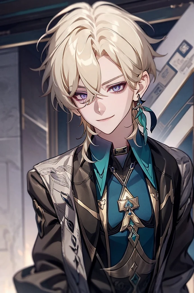 masterpiece, best quality,solo,1boy,hair ornament, jewelry,feather hair ornament, grey background, blonde hair, aventurine honkai star rail1boy, aventurine, blonde hair, gorgeous, medium hair, (two-tone eyes, purple eyes, blue eyes), best quality, high resolution, materpiece, very detailed, male focus, simple BG, cinematic lighting, smile