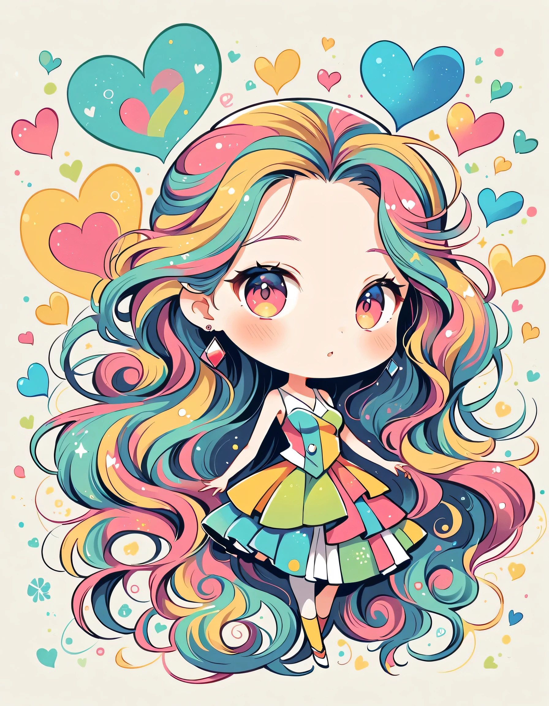 Seizo Watase style, Simple Line Initialism,Abstract art,Urban Background, colorful hearts ,(((The most beautiful girl of all time))), (((chibi))),