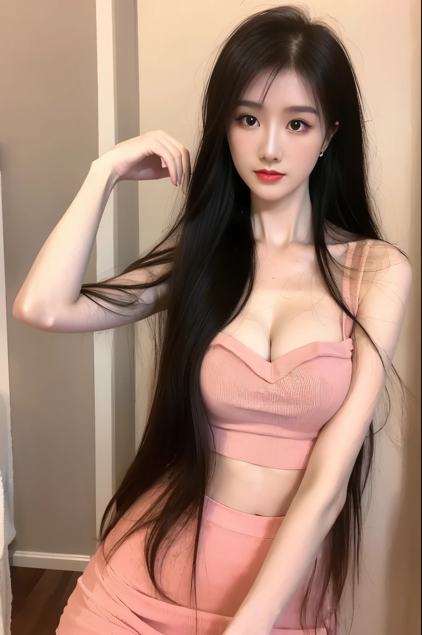 1girl, delicate face, White skin beauty, 1girl,solo, beautiful女人，Have a perfect body：1.4，Layered Hairstyle，((Big breasts)), ((D cup)), Visible cleavage，Bare shoulders, Highly detailed face and skin texture，Double eyelids，Skin Whitening，Long hair，Whitening long legs，Standing by the sea, Fashion girl, Red lips, Sweet maiden, beautiful妆容, detail, lifelike, Very detailed, amazing, beautiful, Young and energetic, high quality，High Definition, rich and colorful，Exquisite, Smooth skin, The skirt is short, Lift the skirt with your hands, Elegant and charming posture, Official Art, Extremely detailed, Movie atmosphere, Soft colors, Natural skin texture,