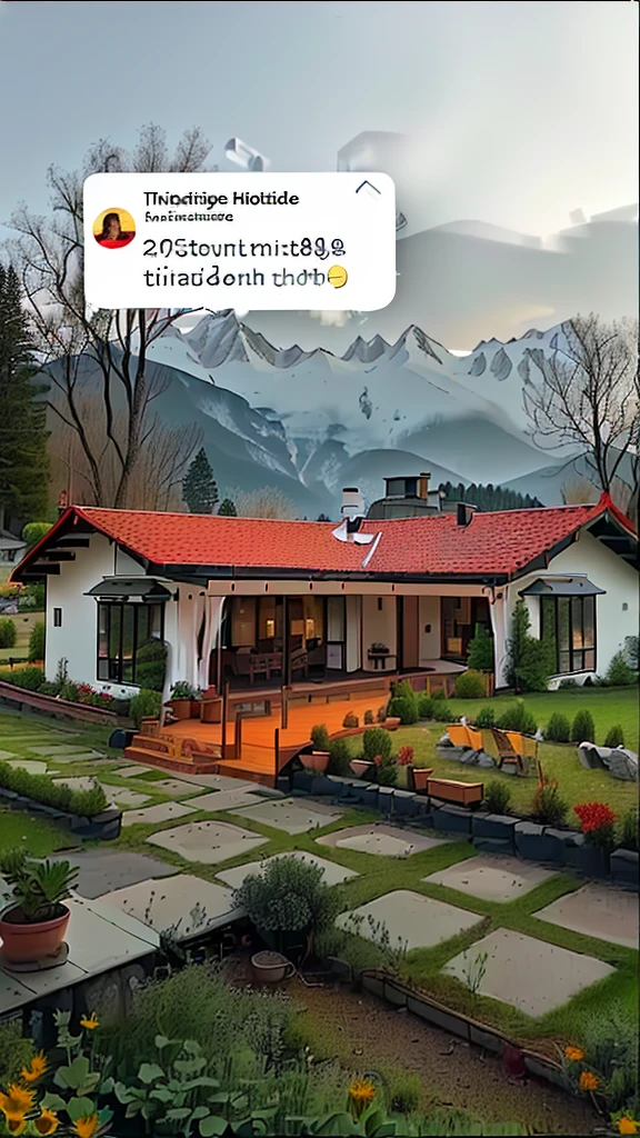 there is a small white house with a red roof and a red tiled roof, beatiful house, with mountains as background, 🌻🎹🎼, integrated in the mountains, with mountains in the background, cottagecore!!, snapchat photo, 8k)), instagram story, 😭 🤮 💕 🎀, professional unique masterpiece, smooth in _ the background