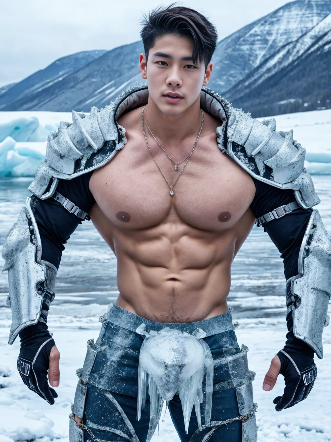 Realistic​ photography​ of a​​​​ korean idol boy​, 22 ages​​​ , wearing​ a​ ice armor, thin​ necklace​, ((huge pecs))​​, at​ ice ages​ hell,run cool