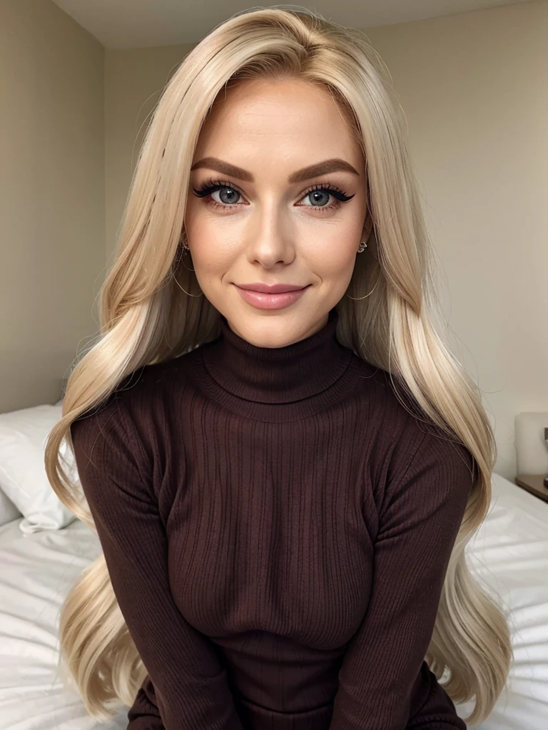 photo of a nympho sexy complete platinum blonde barbie bimbo old wrinkly faced mature prostitute with fake eyelashes and plump enhanced lips, very long hair with hair extensions, perfect bimbo gorgeous babe. She wears: (turtleneck soft high ribbed dark brown keyhole chest cutout sweater:1.1), submissive seductive pose, high tight ribbed neck, seductive smile, perfect fake tits