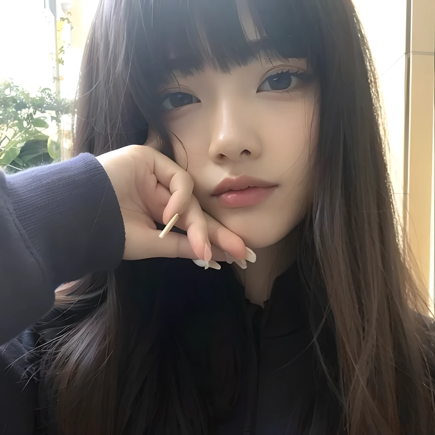 Close-up of a woman with long hair and a cigarette, Ela tem cabelo preto With bangs, Ulzzang, With bangs completa, Larisa Manovar, With bangs, Korean, cabelo arrumado With bangs, Young and pretty Asian face, cabelo comprido With bangs completa, cabelos longos With bangs, Young and adorable Korean face, Pale, round face, young asian girl