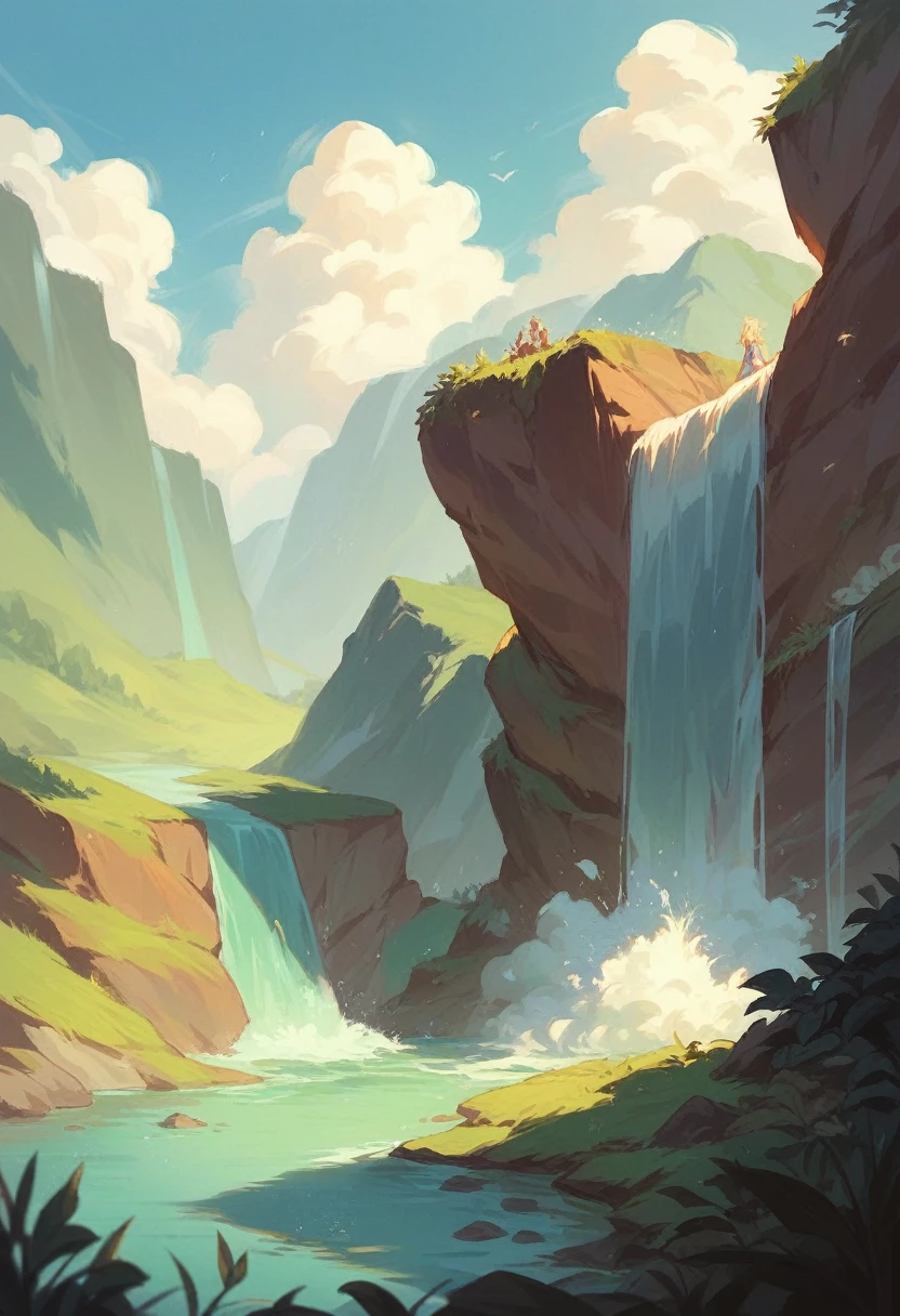 Pretty woman, blonde hair, blown by the wind against the backdrop of a waterfall