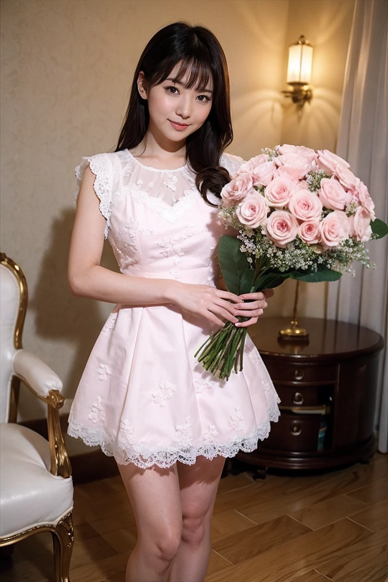 Medium display, Medium Shot, Written boundary depth, Photograph the whole body:1.5, Are standing、Movie angle, masterpiece, Highest quality, Very detailed, CG, 8k wallpaper, Beautiful Face, Delicate eyes, Otome, alone, smile, Pink Dress, bouquet、High heels、Action pose、Taekwondo stance