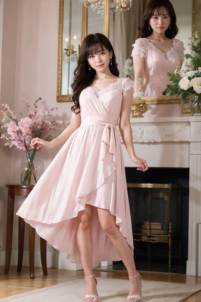 Medium display, Medium Shot, Written boundary depth, Photograph the whole body:1.5, Are standing、Movie angle, masterpiece, Highest quality, Very detailed, CG, 8k wallpaper, Beautiful Face, Delicate eyes, Otome, alone, smile, Pink Dress,  bouquet、High heels、Action pose、Taekwondo stance