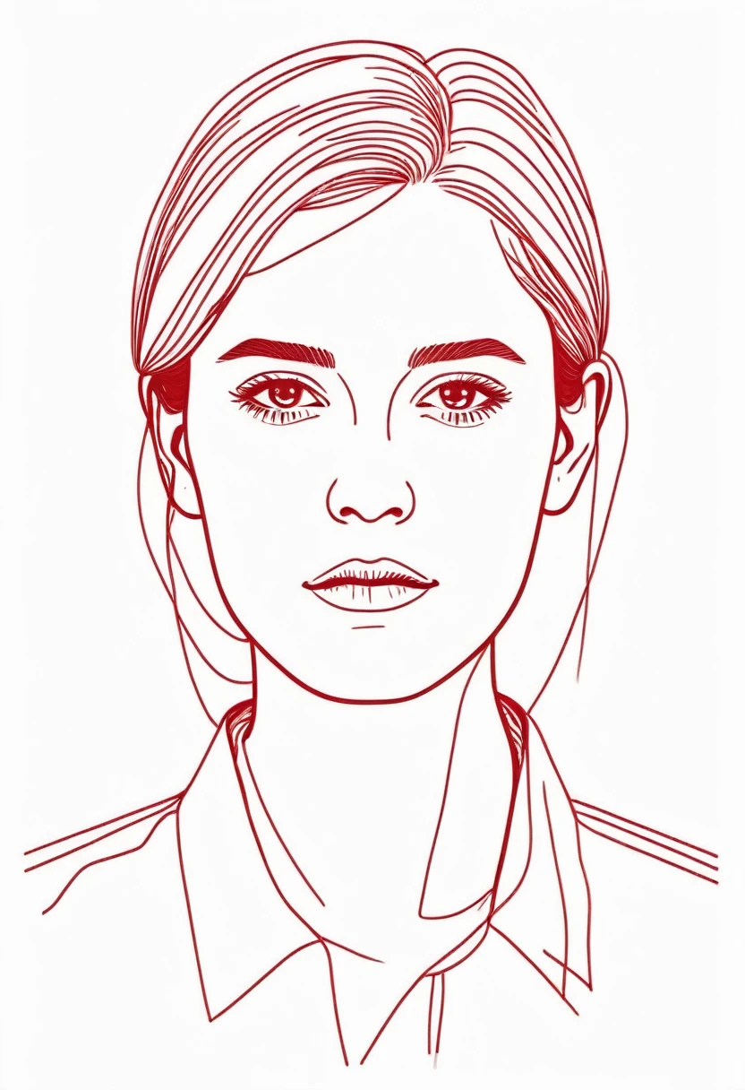 Drawing of a female head of a single working person in a light white and dark red style,Red monochrome line drawing,Flat illustrations,Minimalism,Close-up of the portrait