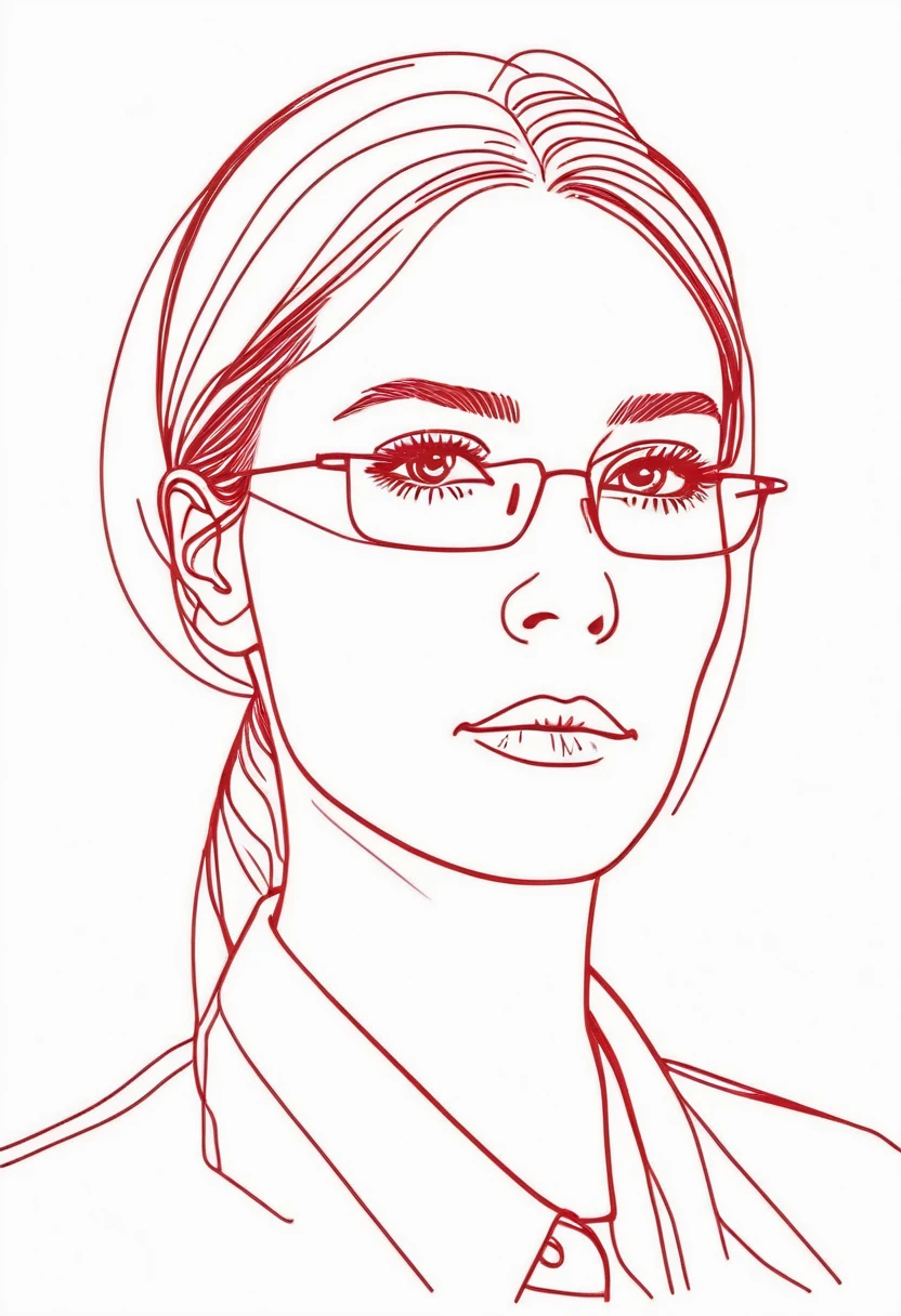 Drawing of a female head of a single working person in a light white and dark red style,Red monochrome line drawing,Flat illustrations,Minimalism,Close-up of the portrait