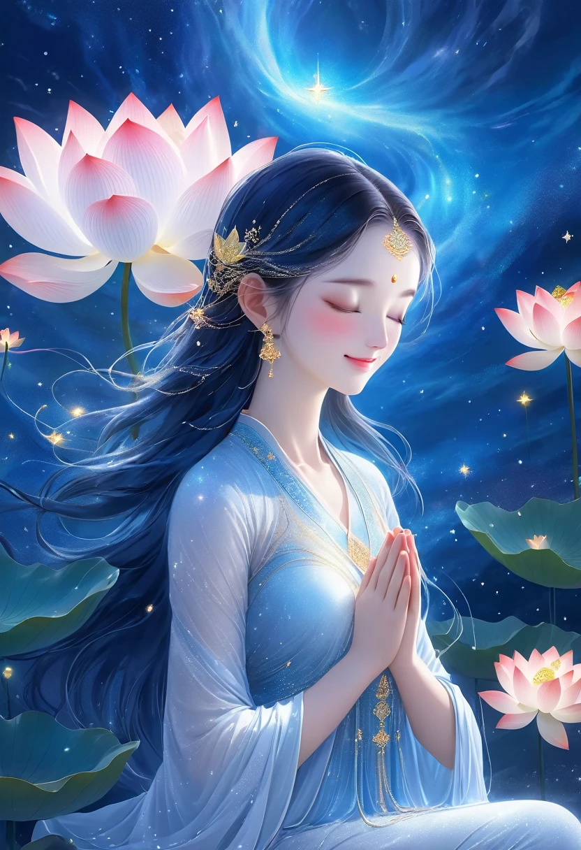 highest quality,masterpiece:1.2,detailed details,The beautiful young god gently closed his eyes,smile softly. She clasped her hands in prayer and meditation. She wore a white dress,Stars sparkle in the blue night sky, you sit on a lotus,In a fantastic atmosphere,You feel as if you are one with the universe. HD, 8K