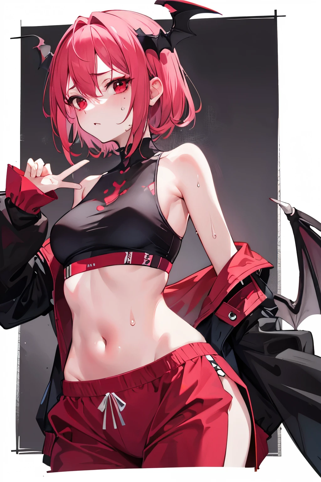 underdressing,Expression of disgust,Expression of disgust,Red Eyes,Sweat,Soaked,liquid,transparent,Back,Cropped tops,Hips,succubus,pink