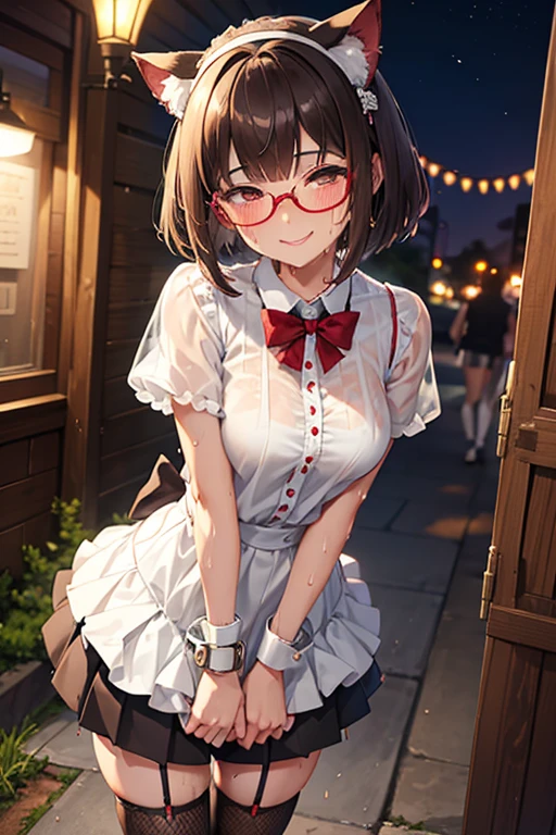 18 yeas old, girl, brown hair, bob cut, Straight bangs, slim, big tits, narrow red eyes, cute, cat ears, glasses,
(embarrassed, blush:1), (ecstasy:0.6), (think:1.8), (smile:1.5), (sweat:1.6), ruffle shirt, layered pleated skirt, braless, see-through, ribbon, fishnet, frills, Kneesocks, , rose, headdress, loafers,
handcuffs, frontal, standing, centet of attention, alley, night, spotlight