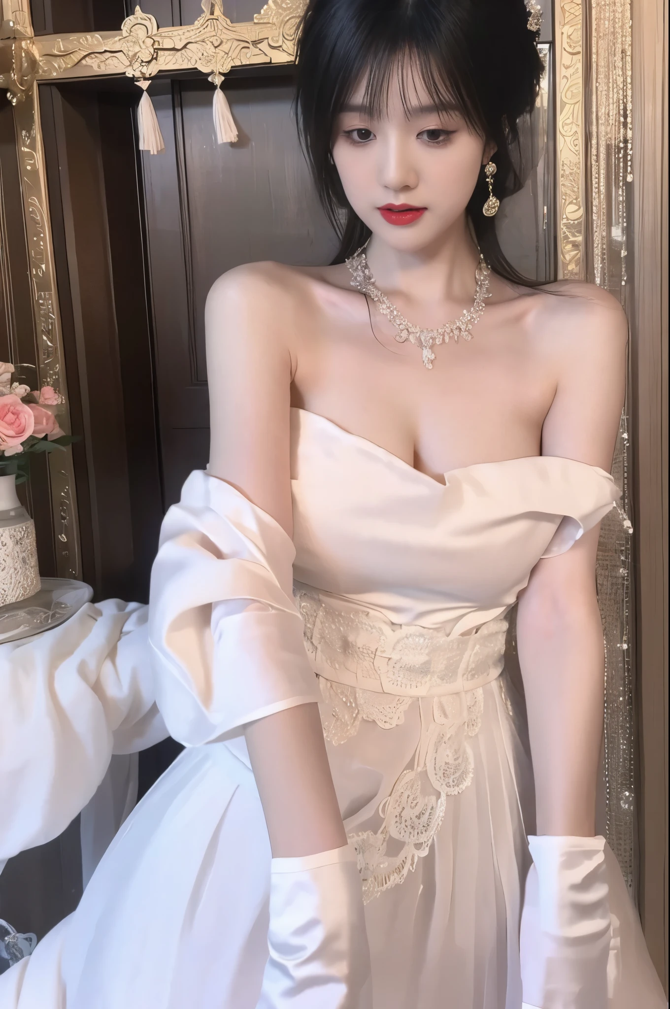 tokisaki kurumi,huajia,wedding dress, Beauty, 1girl,solo, beautiful女人，Have a perfect body：1.4，Layered Hairstyle，((Big breasts)), ((D cup)), Visible cleavage，Bare shoulders, Highly detailed face and skin texture，Double eyelids，Skin Whitening，Long hair，Whitening long legs，Standing by the sea, Fashion girl, Red lips, Sweet maiden, beautiful妆容, detail, lifelike, Very detailed, amazing, beautiful, Young and energetic, high quality，High Definition, rich and colorful，Exquisite, Smooth skin, The skirt is short, Lift the skirt with your hands, Elegant and charming posture, Official Art, Extremely detailed, Movie atmosphere, Soft colors, Natural skin texture,