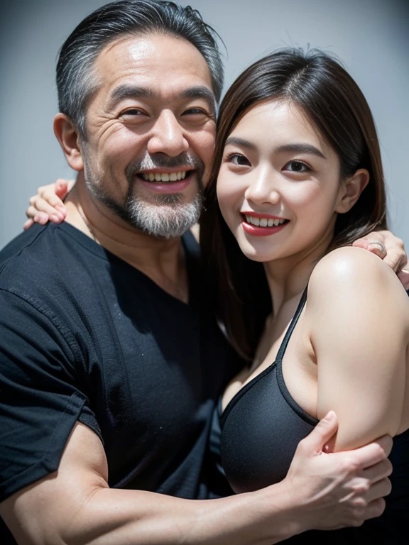 A Chinese man and a young Korean woman, age difference, age difference, giant size, ((80 year old man, cao 1m80, bearded, muscular body, smiling face, body full of hair, broad shoulders, eo hẹp, 8-pack abs, hug standing, squeeze the girl&#39;s chest)), ((18 years old sexy young girl, cao 1m60, small size and skinny, long black hairstyle, face red because of embarrassment, tư thế tình dục, kiss, ngực F cup)), 40 year old man, A young girl, sea, wooden hut, Detailed face, thực tế, ngực, nude, tình dục, see-through tank top, large chest groove, small areola; full body photo