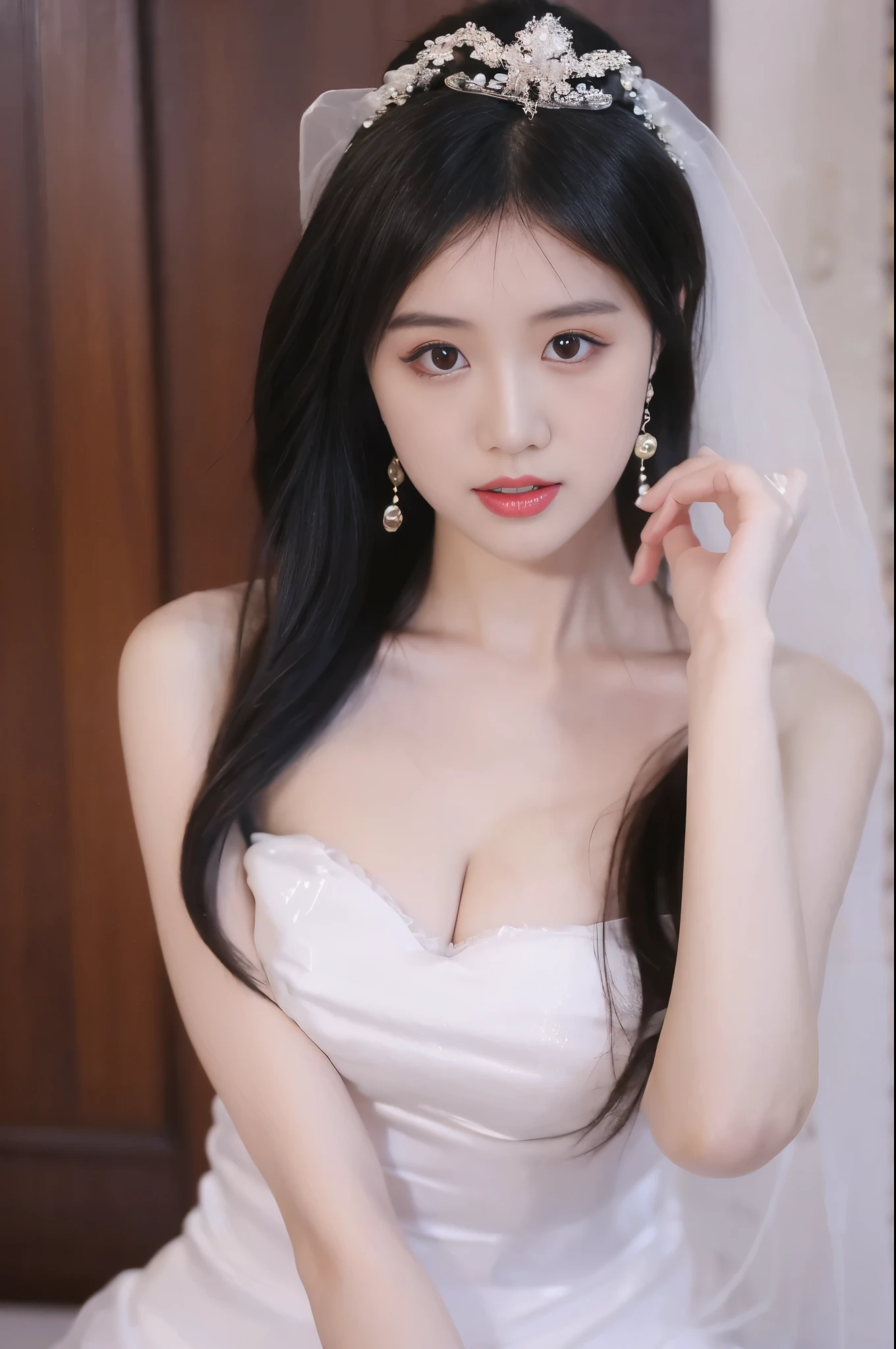 tokisaki kurumi,huajia,wedding dress, Beauty, 1girl,solo, beautiful女人，Have a perfect body：1.4，Layered Hairstyle，((Big breasts)), ((D cup)), Visible cleavage，Bare shoulders, Highly detailed face and skin texture，Double eyelids，Skin Whitening，Long hair，Whitening long legs，Standing by the sea, Fashion girl, Red lips, Sweet maiden, beautiful妆容, detail, lifelike, Very detailed, amazing, beautiful, Young and energetic, high quality，High Definition, rich and colorful，Exquisite, Smooth skin, The skirt is short, Lift the skirt with your hands, Elegant and charming posture, Official Art, Extremely detailed, Movie atmosphere, Soft colors, Natural skin texture,