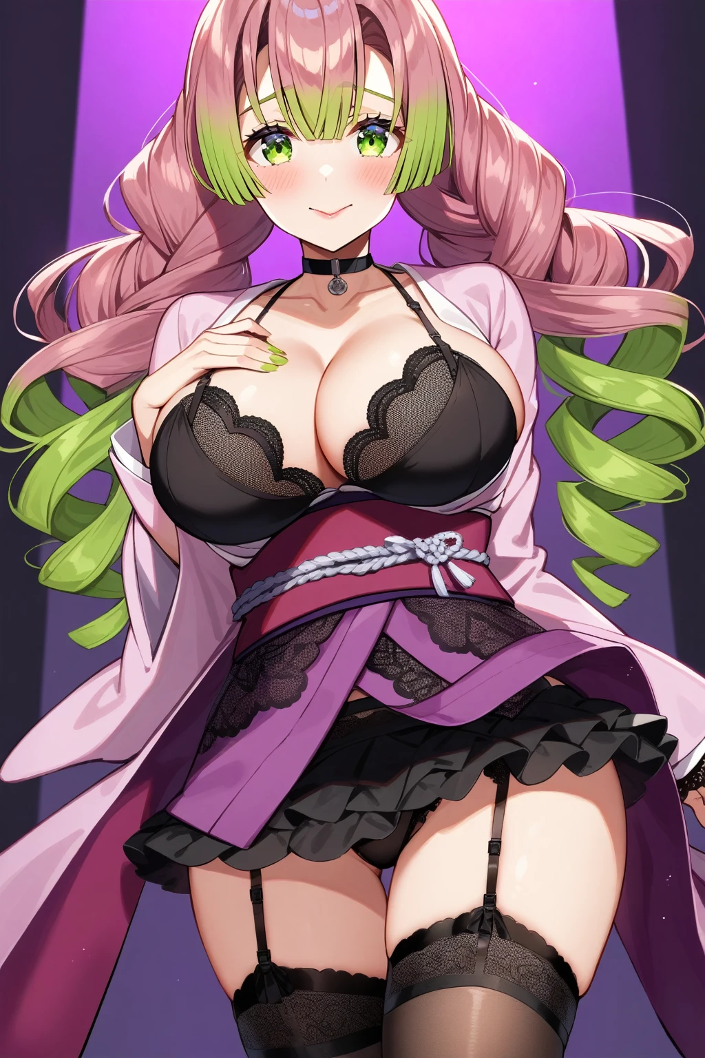 Mitsuri Kanroji, kimono, e Cup breast, Mesh, lace, garter belt, mini skirt, choker