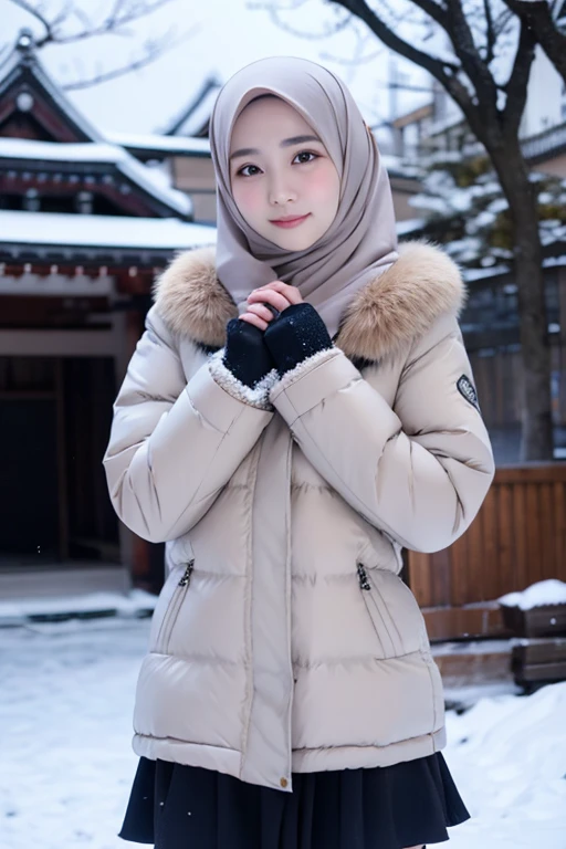 Best quality, 4K, 8K, Detailed faces,fully body photo, Clear face, Japanese muslim girl, 21 years old girl, Perfect body figure, Long slim legs, Pasmina hijab, Long down jacket with hood, Fur trim jacket, White jacket, Snowy Tokyo background 