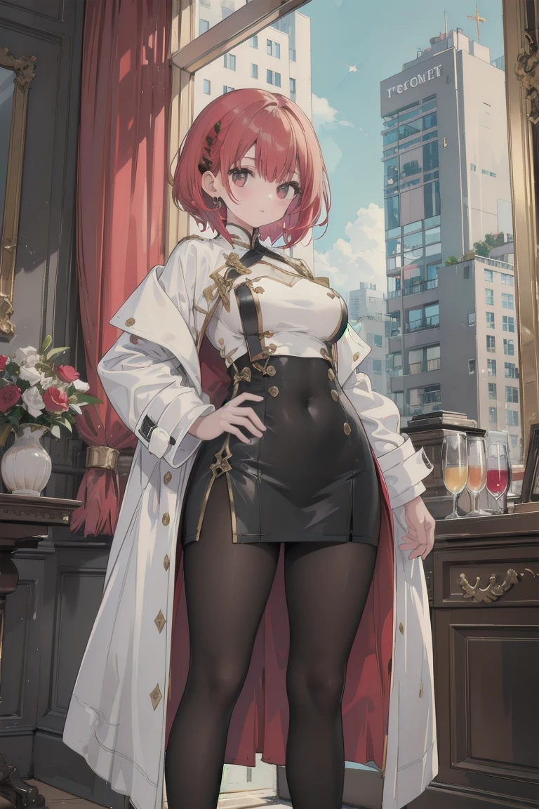 girl, White blouse, mini skirt, Black Pantyhose, white overcoat, Are standing, Glamorous clothing, Complex clothing,, A familiar face, Brown and gold tones, In a luxurious room, window, tall building, Day、Braided Hair、I-cup breasts、Protruding chest、Protruding buttocks、Red color hair