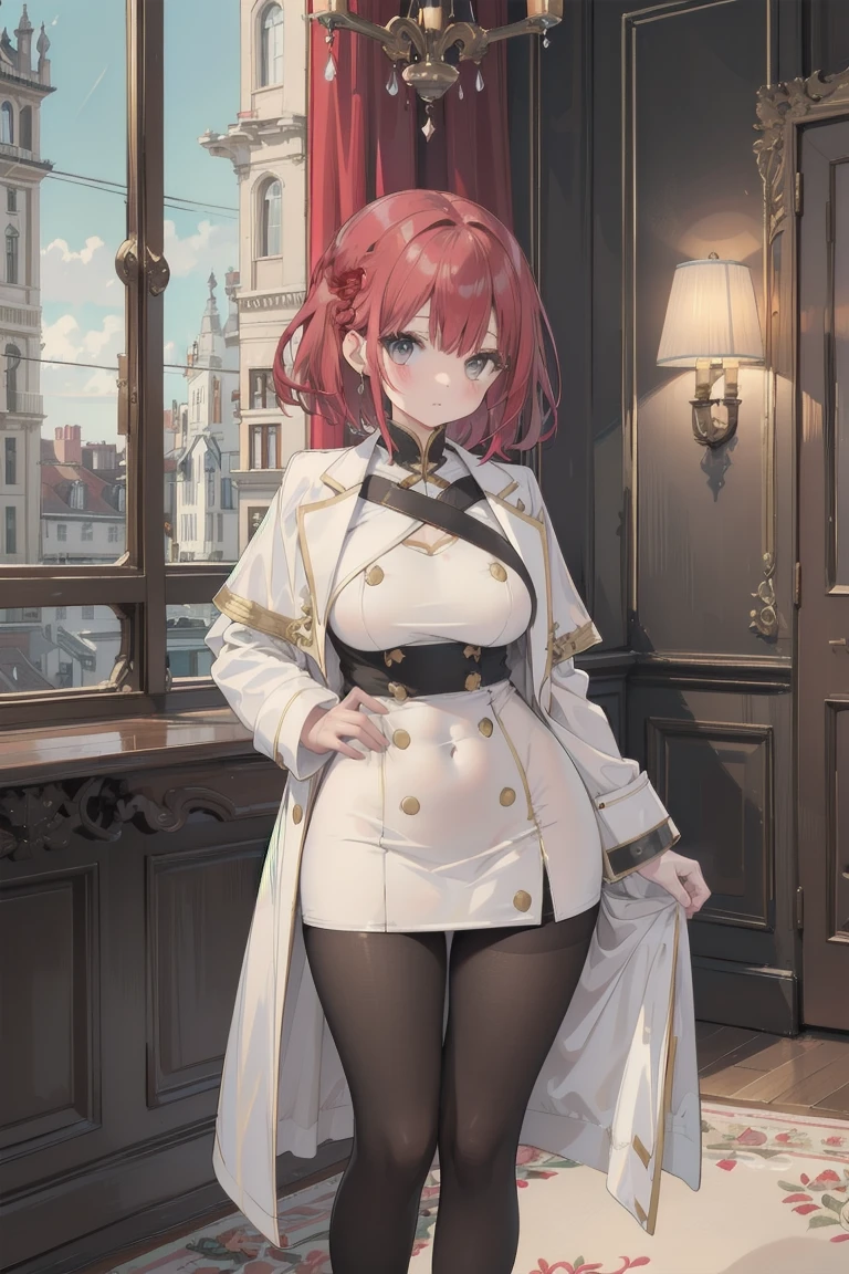 girl, White blouse, mini skirt, Black Pantyhose, white overcoat, Are standing, Glamorous clothing, Complex clothing,, A familiar face, Brown and gold tones, In a luxurious room, window, tall building, Day、Braided Hair、I-cup breasts、Protruding chest、Protruding buttocks、Red color hair、Short Hair