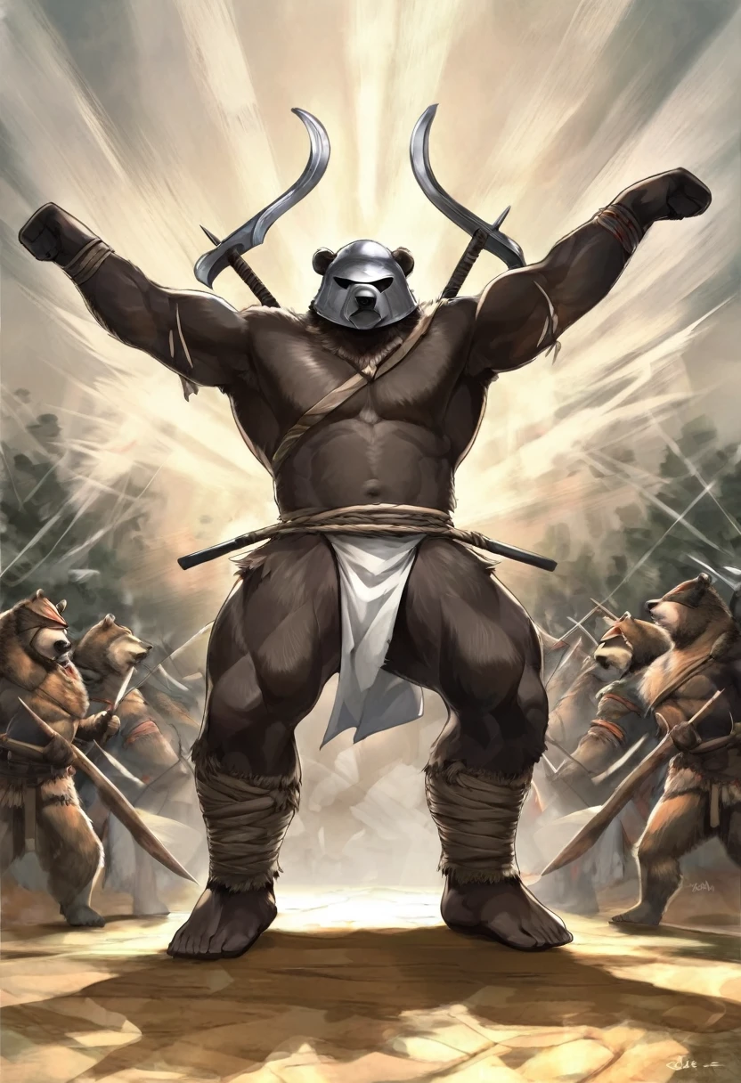 Correct anatomy,Excellent body,Black Bear,personification,strong,uncle,Original costume,Helmet cloth,warrior,Standing guard,Standing in front of the audience,Looking at the audience,Exaggerated pose(Fighting Stance),Primitive tribal background(1.2)。