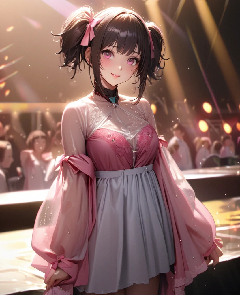 One Girl、Looking at the audience、lovely,
Beautiful pink eyes、short twin tail hair , Mole under the eye、Plump and glossy lips、Heart-shaped choca、Idol、Her name is Rico,smile、ー、。.。.。.。.。.。.。.。.。.。.。.。.。.。.。.。.。.。.3D、Realistic、
The idol's costume was soaked in the heavy rain, and her chest was wet and transparent.Heavy rain at outdoor concert, Drape clothes、gem、The decoration has been removed、Floral、Lace trim,On a glittering stage、
masterpiece、highest quality、8k、Detailed skin texture、Detailed cloth texture、Beautifully detailed face、Intricate details、Very detailed、
超A high resolution、8k Ultra HD、Film Grain、Best Shadow、delicate、Gazing at the audience、front