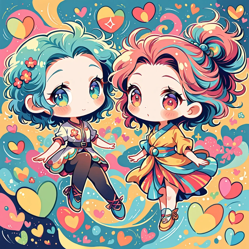 Seizo Watase style, Simple Line Initialism，Abstract art，Urban Background, colorful hearts ,(((The most beautiful girl of all time))), (((chibi))), 