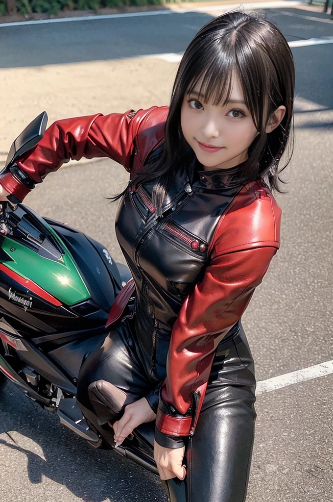 masterpiece, best quality, photorealistic, raw photo, DSLR, 15-year-old beautiful Japanese girl, shiny fair skin, realistic beautiful no makeup face, realistic beautiful bright eyes, double eyelids, look at viewer, smiling, highly detailed shiny black short hair and bangs, disheveled hair, slim figure, slim face, slim waist, big breasts, ((red leather jacket, black shirt, black leather pants, (KAWASAKI Ninja 250R), riding on motorcycle)), realistic lighting and shadows, highly delicate and beautiful photo, ultra high resolution, 8k UHD wallpaper,