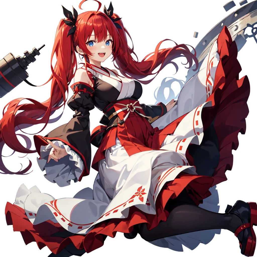 full body,fullbody,1girl,red hair,long hair,red and blue odd eyes,smile,simple background,drill twin tail,ahoge,white background,large breasts,long skirt,black frill,Japanese style dress,wide sleeves,open mouth