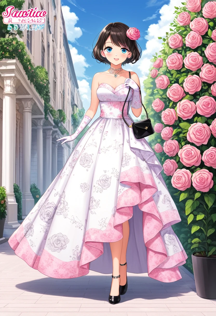 A cute illustration of an anime girl in white dress and black shoes walking towards us, holding a small handbag with roses pattern on the front cover page. The background is blue striped wallpaper with pastel pink flowers and large floral patterns scattered around her. She has short hair styled to one side, wearing delicate gloves and standing next to several elegant bags. There's also text at top that reads "Fantasista"