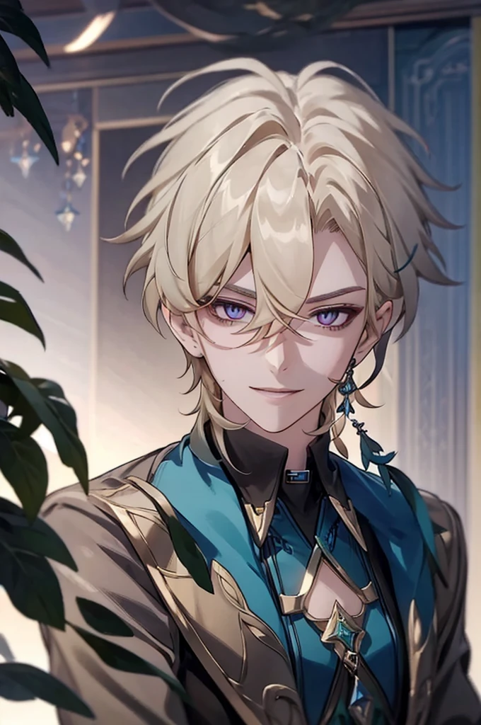 masterpiece, best quality,solo,1boy,hair ornament, jewelry,feather hair ornament, grey background, blonde hair, aventurine honkai star rail1boy, aventurine, blonde hair, gorgeous, medium hair, (two-tone eyes, purple eyes, blue eyes), best quality, high resolution, materpiece, very detailed, male focus, simple BG, cinematic lighting, smile, Quality,1boy,matured male,Beautiful face