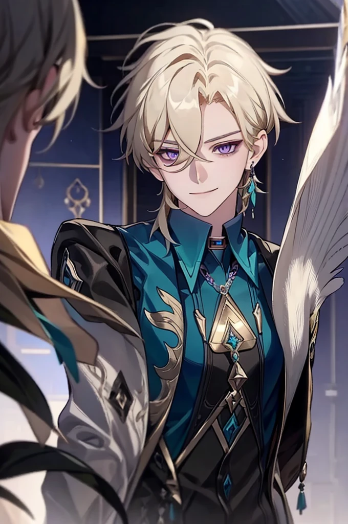 masterpiece, best quality,solo,1boy,hair ornament, jewelry,feather hair ornament, grey background, blonde hair, aventurine honkai star rail1boy, aventurine, blonde hair, gorgeous, medium hair, (two-tone eyes, purple eyes, blue eyes), best quality, high resolution, materpiece, very detailed, male focus, simple BG, cinematic lighting, smile, Quality,1boy,matured male,Beautiful face