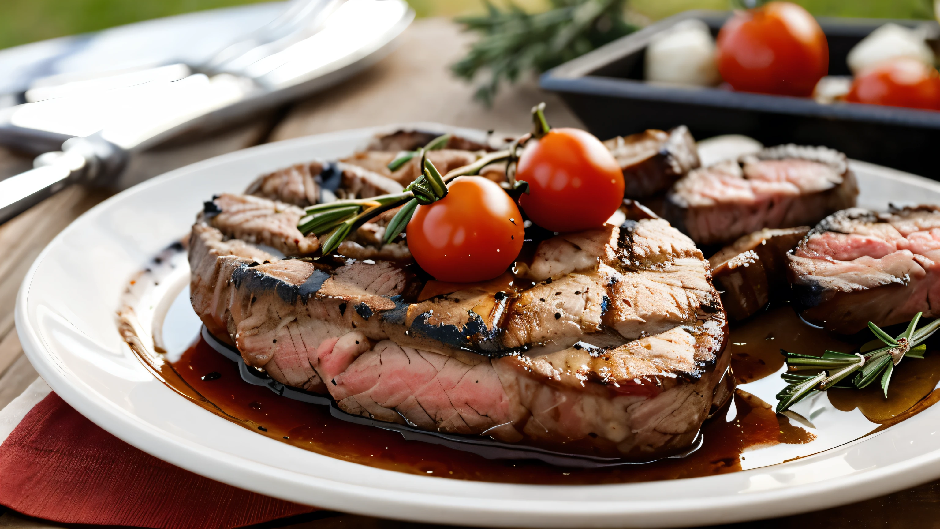 Grilled steak topped with peppercorns and rosemary, surrounded by cherry tomatoes, on a barbecue. Closeup with a blurred, bokeh background. Concept of outdoor cooking