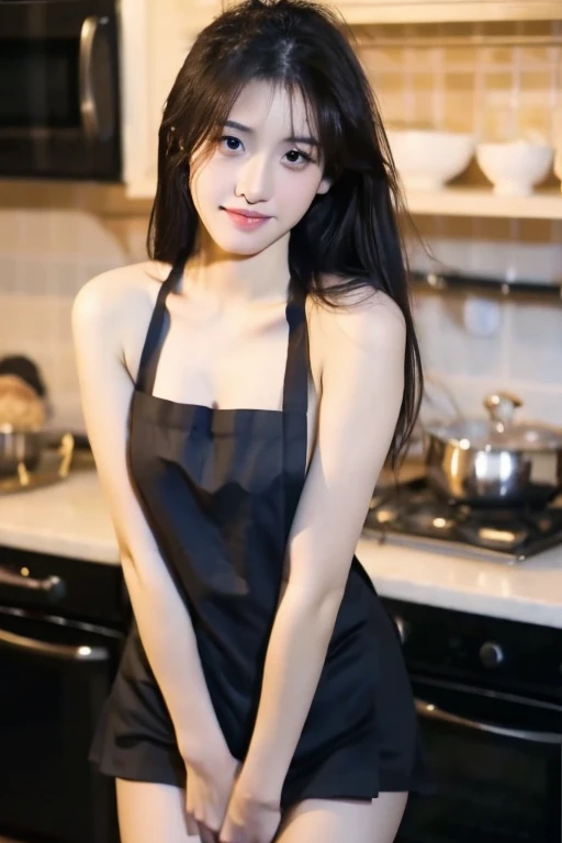 ((best quality)), ((masterpiece)), (detailed), 1girl, beautiful straight black long hair , seductive gaze ,perfect body , Naked Apron , baking cookies , sexy pose , full body picture , revealing thighs