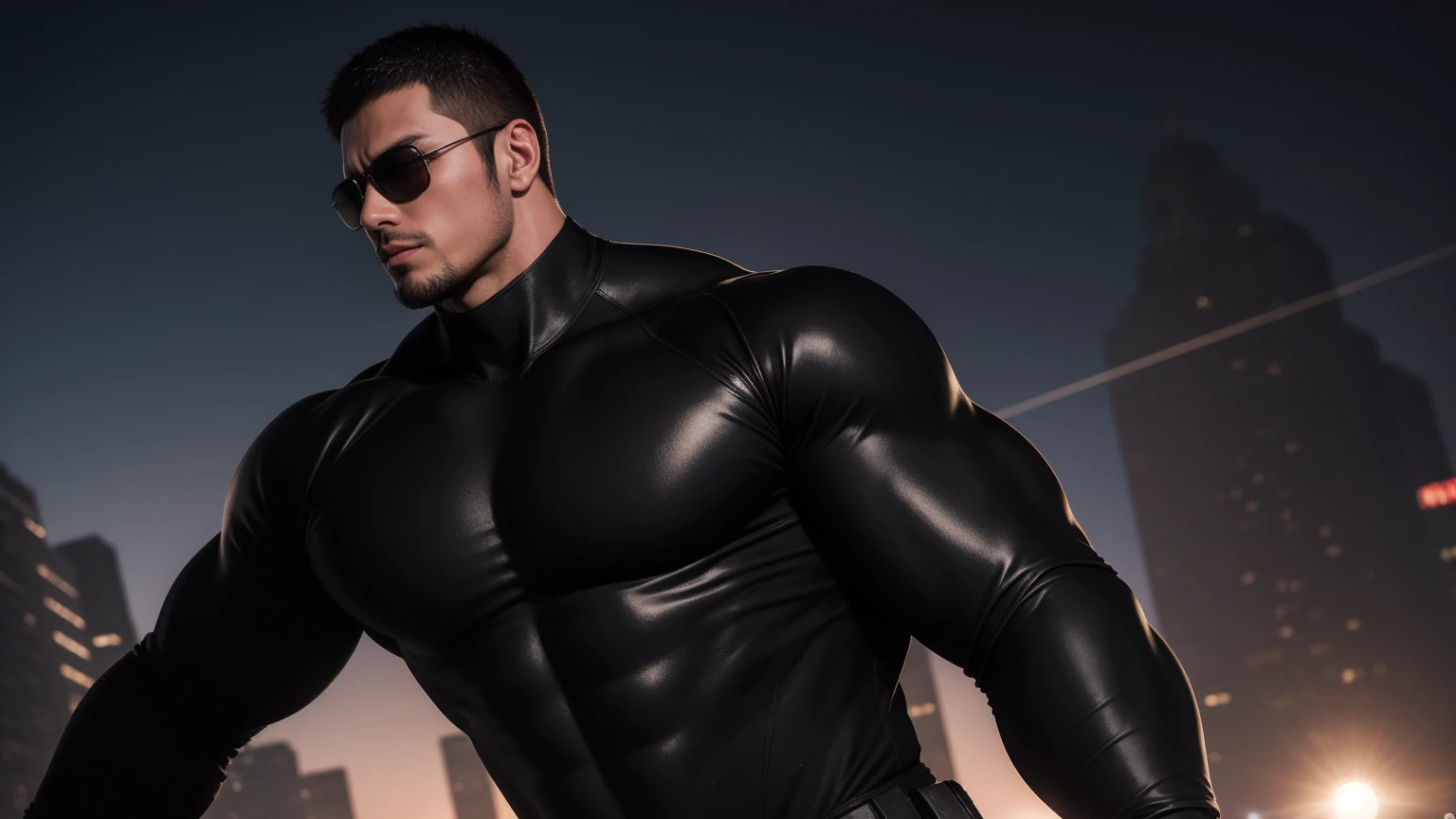 Super muscular man hugging, Sad eyes,Wear sunglasses,short hair,On a vintage outdoor street under the hot sun, Wear long sleeves, Deep turtleneck bodysuit, Thickened warm elastic texture,The clothes are dirty,There are mud stains,Looks sad, Thick thighs, messy hair, Thick thighs, High target-necked long-sleeved dark yellow high-necked tights, very tight, Regular symmetrical pattern, High targetlight muscles, Police uniform pants, character concept(Resident Evil - chris redfield, chris redfield)A proud expression, Deep and charming eyes, Valiant male pose, tall Burly, muscular!muscular thighs, Tough Guy, Perfect facial features, High target, Burly, Heqiang, Super exquisite and cool, High target Resolution Committee, Attractive, The sun is blazing, Dazzling