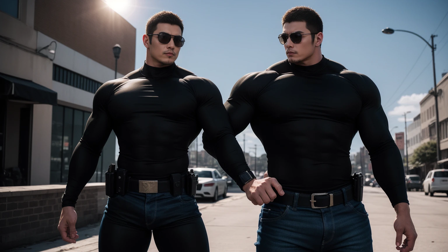 Super muscular man hugging, Sad eyes,Wear sunglasses,short hair,On a vintage outdoor street under the hot sun, Wear long sleeves, Deep turtleneck bodysuit, Thickened warm elastic texture,The clothes are dirty,There are mud stains,Looks sad, Thick thighs, messy hair, Thick thighs, High target-necked long-sleeved dark yellow high-necked tights, very tight, Regular symmetrical pattern, High targetlight muscles, Police uniform pants, character concept(Resident Evil - chris redfield, chris redfield)A proud expression, Deep and charming eyes, Valiant male pose, tall Burly, muscular!muscular thighs, Tough Guy, Perfect facial features, High target, Burly, Heqiang, Super exquisite and cool, High target Resolution Committee, Attractive, The sun is blazing, Dazzling