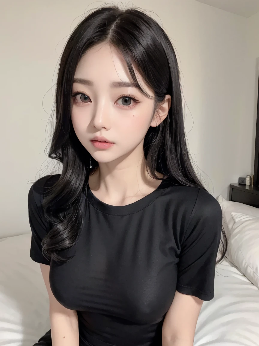 Mix 4, (8k, RAW Photos, Best image quality, masterpiece: 1.45), (Genuine, photoGenuineistic、photoGenuineistic:1.37、1080.1), 一人のgirl、cute、darkness、Wet、Professional Lighting、Photon Mapping、Physically Based Rendering、Gradient black hair、Long Curly Hair、good looking、girl、 Highest quality photos, High resolution, 47p, (cute face), (Detailed facial depiction)、(Detailed Hand Explanation), (masterpiece), (Detailed CG), Extreme light and shadow, masterpiece, Rich details, (Detailed facial features), (Best image qualityの紴), (masterpiece), (Beautiful Eyes), Looking at the camera, Thin clavicle, (Condescending look)、, Highly detailed face, Lip details, Beautiful Eyes, double eyelid ,5  、korean little gi、No makeup、Full body image、Wavy Hair、Genuineの人間、(all fours in bed:1.5)、(black tight T-shirt:1.5)、Pink shorts、(Duck mouth)