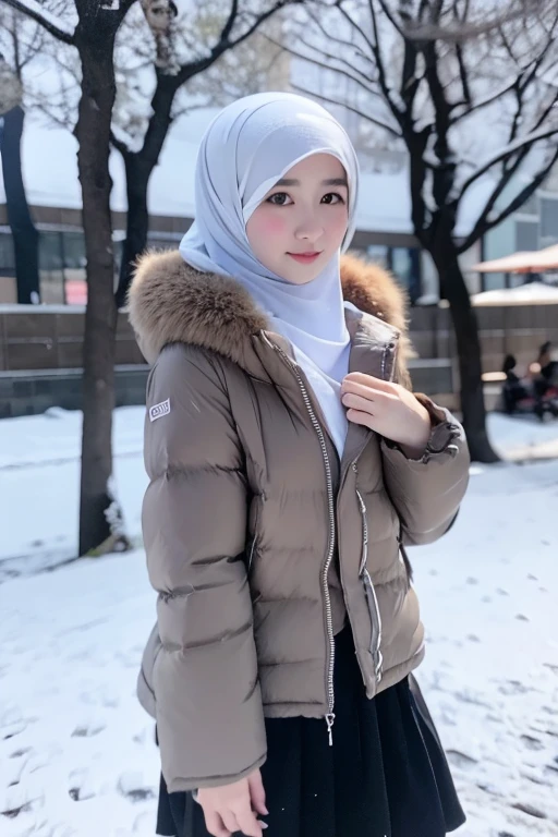 Best quality, 4K, 8K, Detailed faces,fully body photo, Clear face, Japanese muslim girl, 21 years old girl, Perfect body figure, Long slim legs, Pasmina hijab, Long down jacket with hood, Fur trim jacket, White jacket, Snowy Tokyo background 